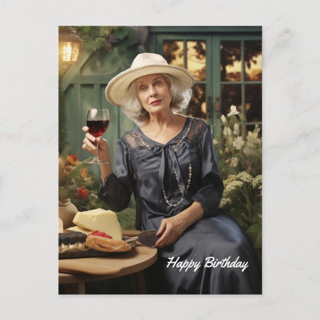 Carte Postale Bonne dame d'anniversaire dans le jardin avec du v (Devant)