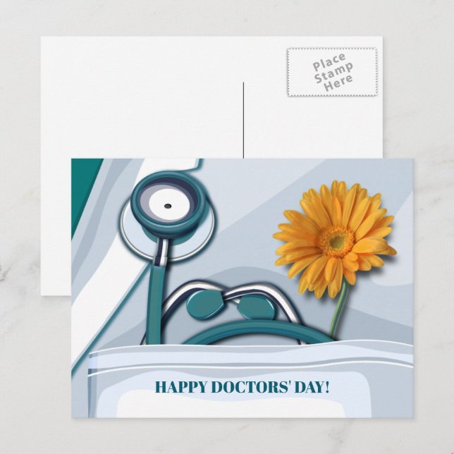 Carte Postale Bonne fête des médecins. Stethoscope et marguerite (Devant / Derrière)