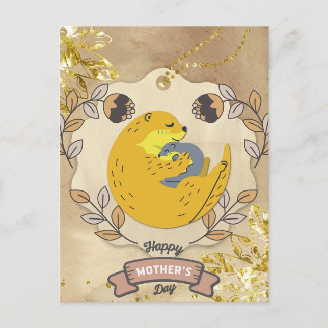 Carte Postale Bonne fête des mères mignonne Otter et bébé floral (Devant)