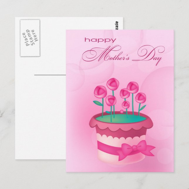 Carte Postale Bonne fête des mères. Roses aquarelle en Pot (Devant / Derrière)