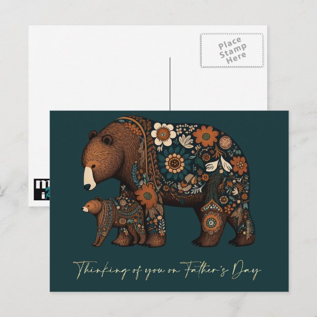 Carte Postale Bonne Fête des pères mignonne ours Folk Art (Devant / Derrière)