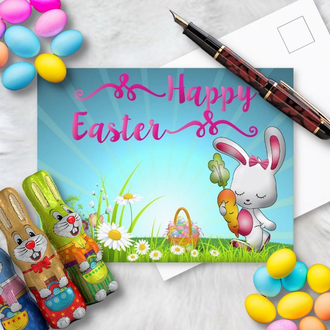 Carte Postale Bonne Pâques Salutation Bunny Fleurs de Printemps (Créateur téléchargé)