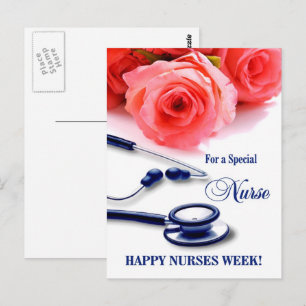Carte Postale Bonne Semaine des infirmières. Roses et stéthoscop