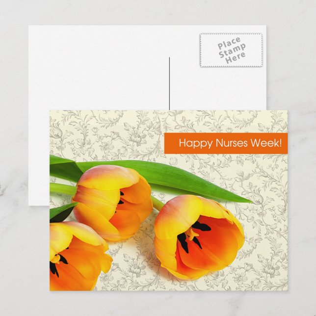 Carte Postale Bonne Semaine des infirmières. Tulipes de printemp (Devant / Derrière)