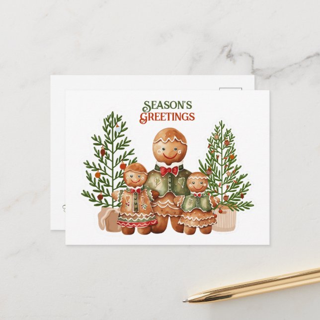 Carte Postale Bonnes Fêtes Noël Famille de pain d'épices (Devant/Arrière en situation)