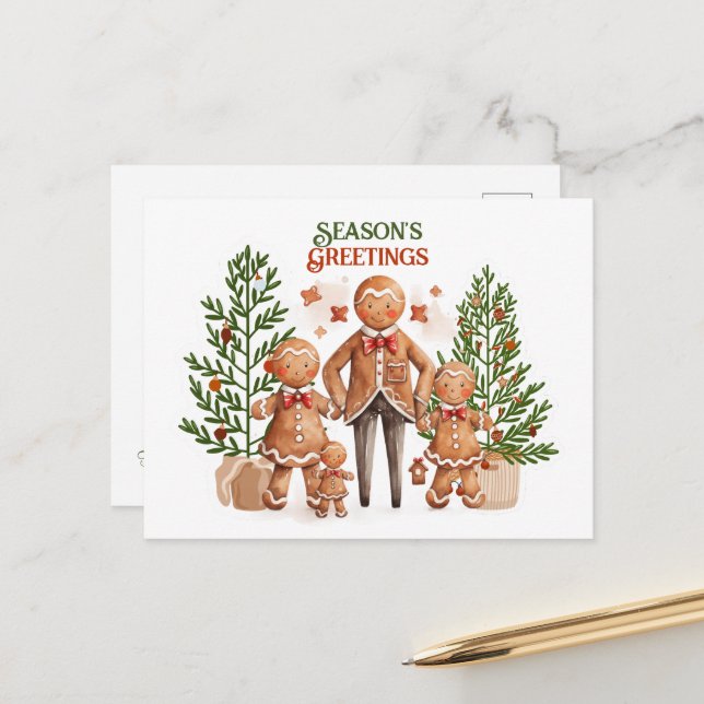 Carte Postale Bonnes Fêtes Noël Famille de pain d'épices (Devant/Arrière en situation)