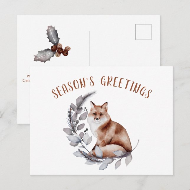 Carte Postale Bonnes Fêtes Red Fox Christmas Green (Devant / Derrière)