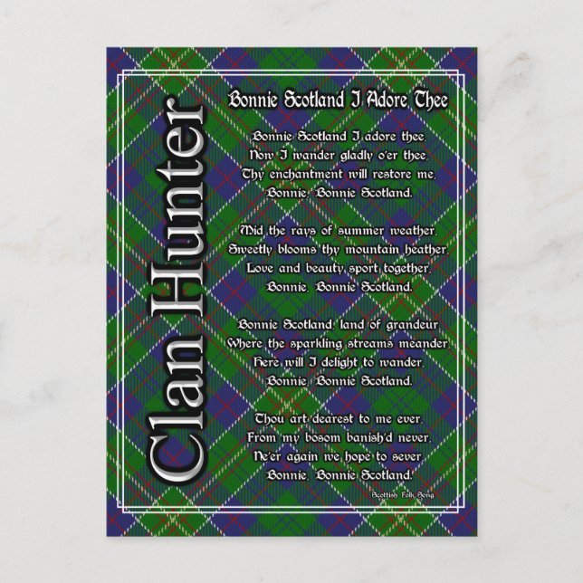 Carte Postale Bonnie Ecosse Je Adore Le Chasseur De Clan Tartan (Devant)