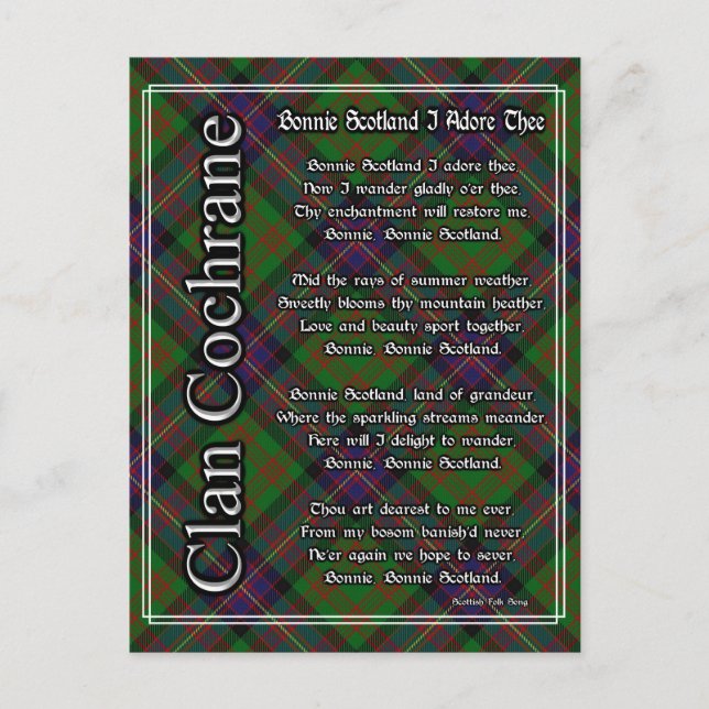 Carte Postale Bonnie Scotland J'Adore Le Clan Cochrane Tartan (Devant)