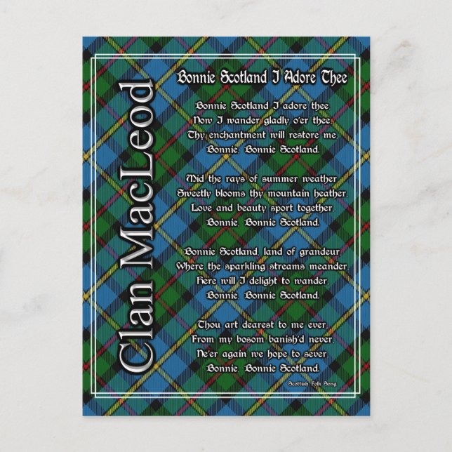 Carte Postale Bonnie Scotland J'Adore Le Clan MacLeod Tartan (Devant)