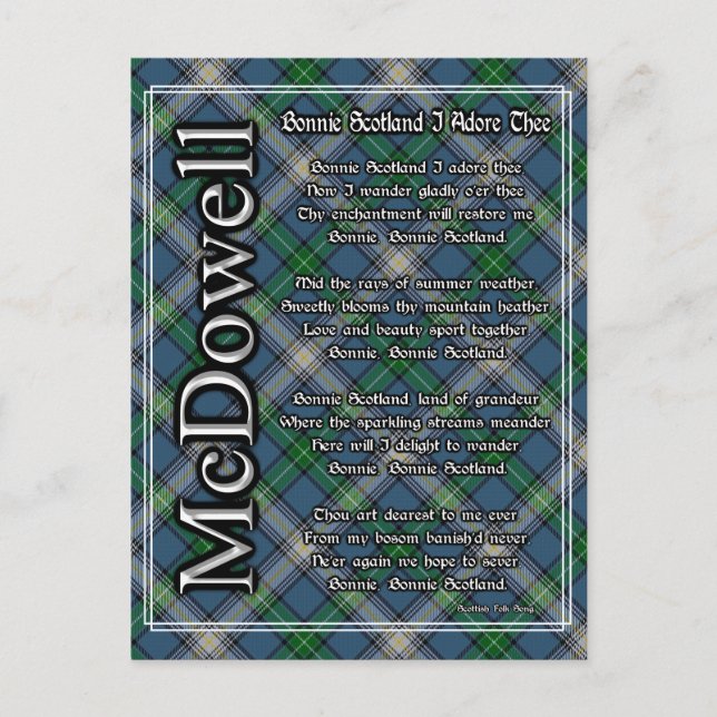 Carte Postale Bonnie Scotland J'Adore Le Clan McDowell Tartan (Devant)