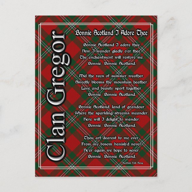 Carte Postale Bonnie Scotland Je Adore Le Clan Gregor Tartan (Devant)