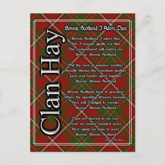 Carte Postale Bonnie Scotland Je Adore Le Clan Hay Tartan (Devant)