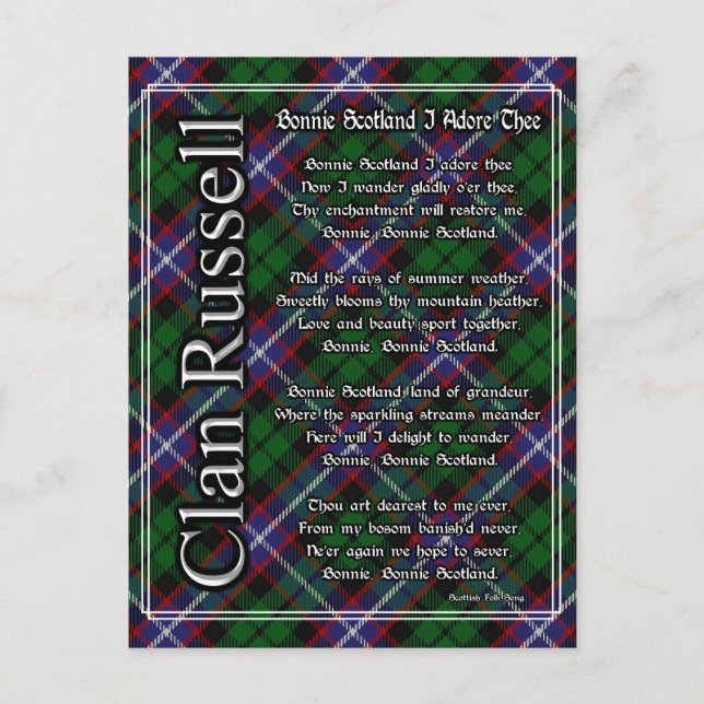 Carte Postale Bonnie Scotland Je Adore Le Clan Russell Tartan (Devant)