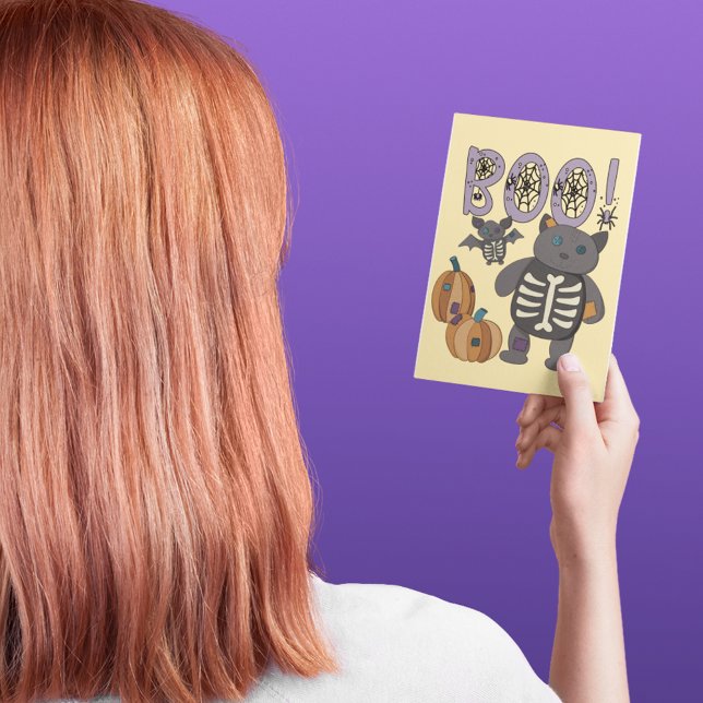 Carte Postale Boo ! Patchwork squelette chat et chaume Halloween (Créateur téléchargé)