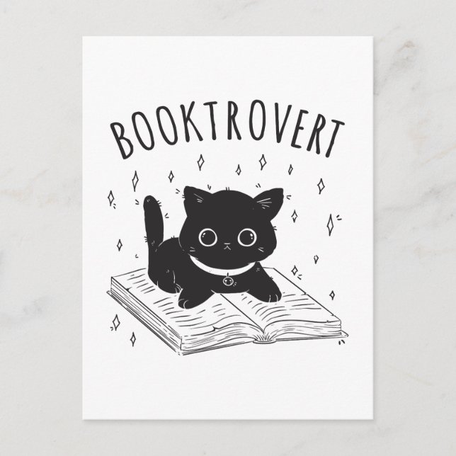 Carte Postale Booktrovert chat avec livre et étoiles (Devant)