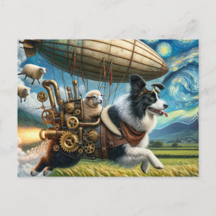 Carte Postale Border Collie Steampunk drôle avec des moutons et 