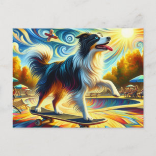 Carte Postale Border Collie tri-couleur coloré en skateboard