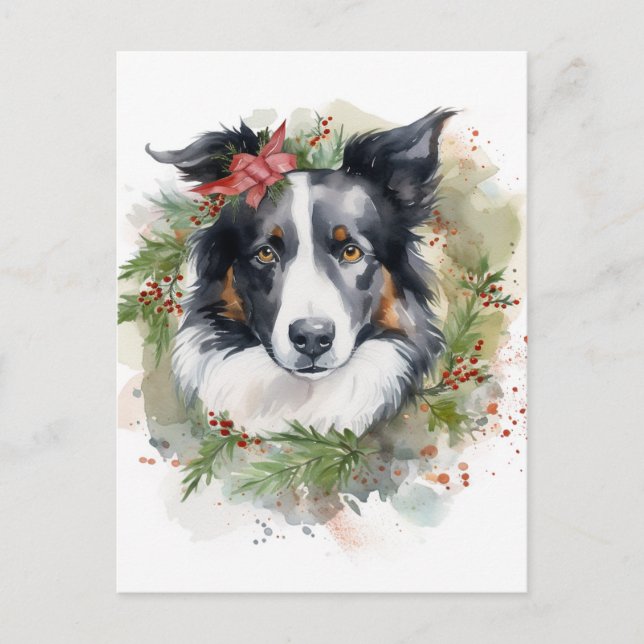 Carte Postale Bordure Collie Fête de Noël Wreath Pup (Devant)