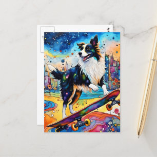 Carte Postale Bordure Collie Skateboard