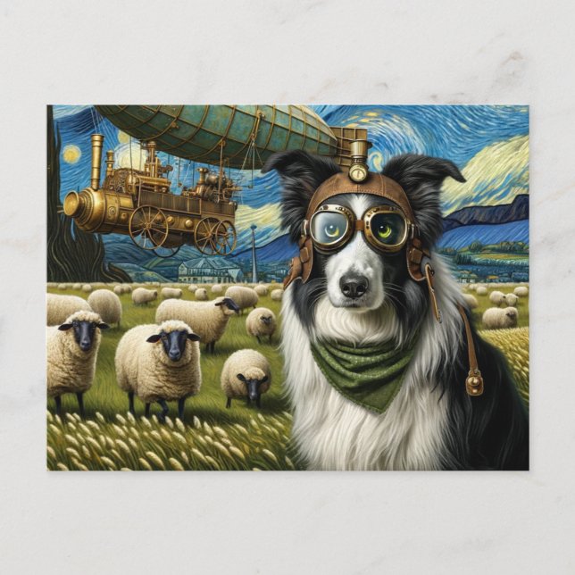 Carte Postale Bordure de Steampunk Collie avec mouton (Devant)
