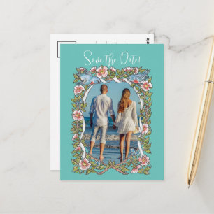 Carte Postale Bordure des oiseaux Fleurs sauvages turquoises Enr