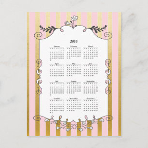 Carte Postale Bordure illustrée rose et or 2016 Calendrier