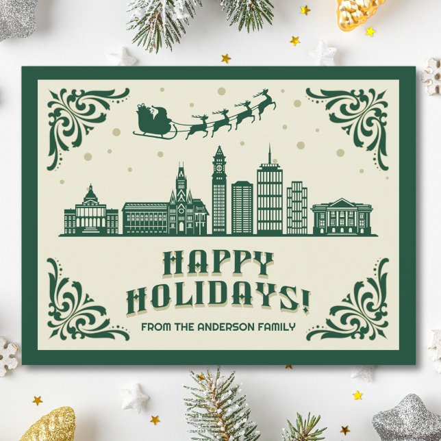 Carte postale Boston, MA Skyline Happy Holidays (Happy Holidays Boston, MA skyline cityscape christmas postcard customizable real estate Santa )