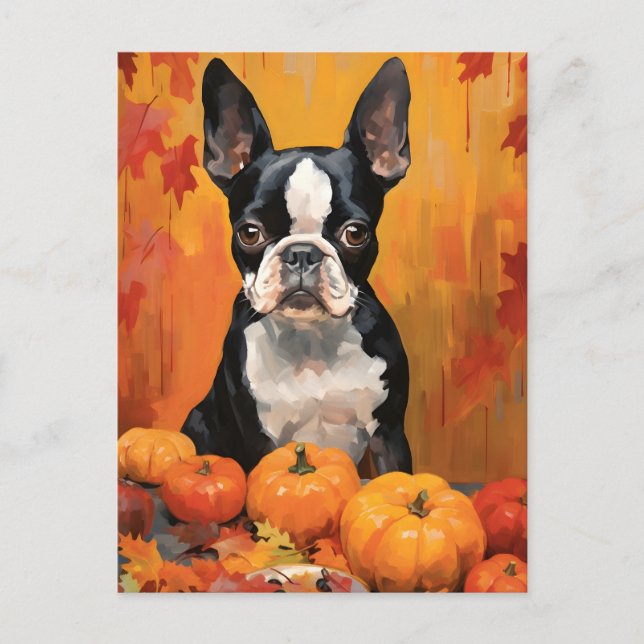 Carte Postale Boston Terrier Automne Action de grâce  (Devant)