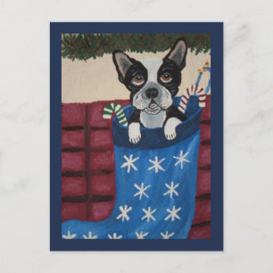 Carte Postale Boston Terrier de Noël dans un bas