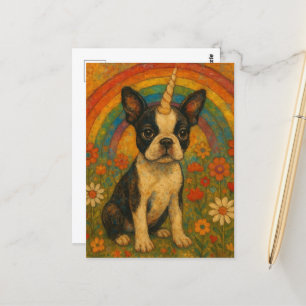 Carte Postale Boston Terrier Unicorn Puppy et Rainbow