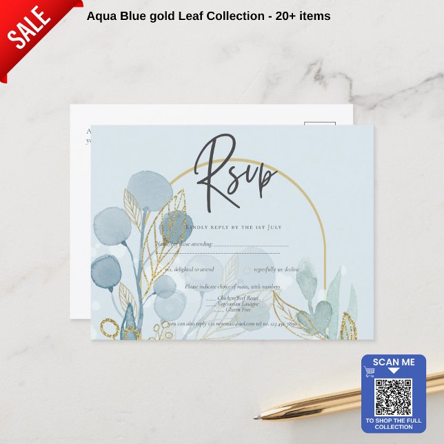 Carte Postale Botanica moderne; Aqua SeaGlass Gold Wedding Invit (Créateur téléchargé)