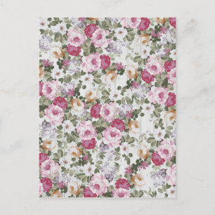 Carte Postale Botanique rose vif fleurs vintage bois blanc