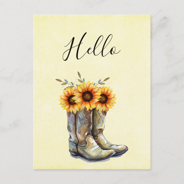 Carte Postale Bottes de cowboy rustiques avec Hello Sunflowers (Devant)
