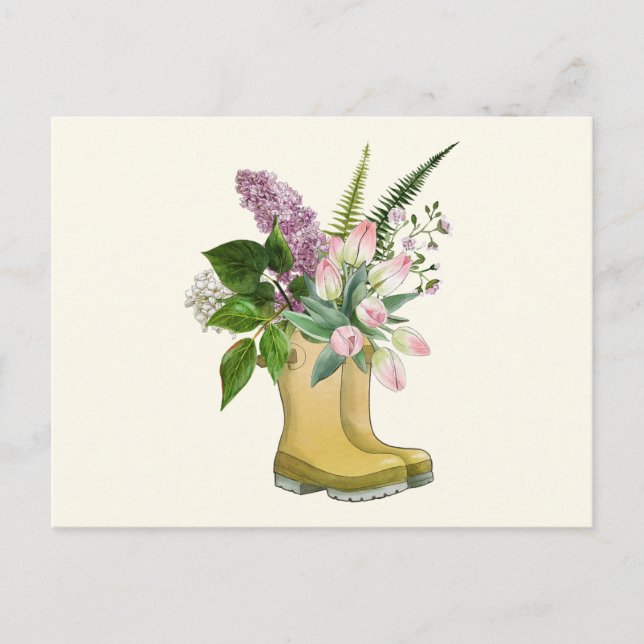 Carte Postale Bottes de jardin avec tulipe et fleurs Lilac (Devant)