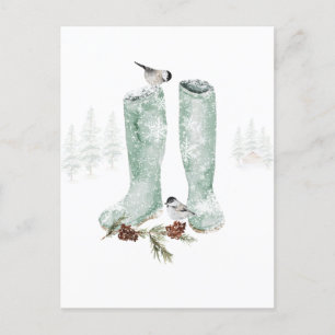 Carte Postale Bottes et poulets neige hiver paysage boisé