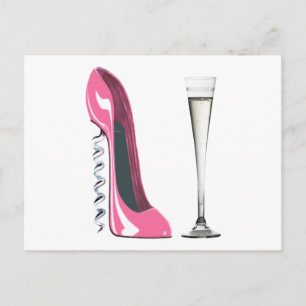 Carte Postale Bouchon rose Stiletto Chaussure et Flûte Champagne