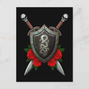 Carte Postale Bouclier dragon chinois usé et épées avec Roses
