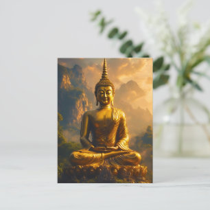 Carte Postale Bouddha assis doré sous un ciel de coucher de sole