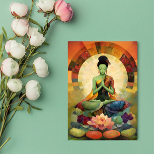Carte Postale Bouddha déesse Tara verte peinture florale Zen