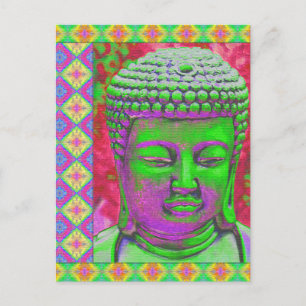Carte Postale Bouddha Pop avec des bordures en Patchwork en vert