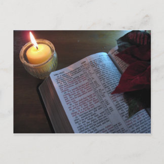 Carte Postale Bougie, Bible et Poinsetta