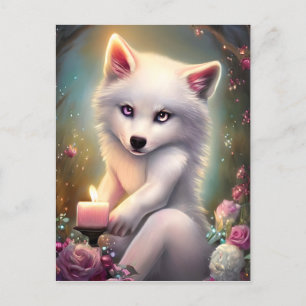 Carte Postale Bougie d'anniversaire Adorable Blanc bébé Fox