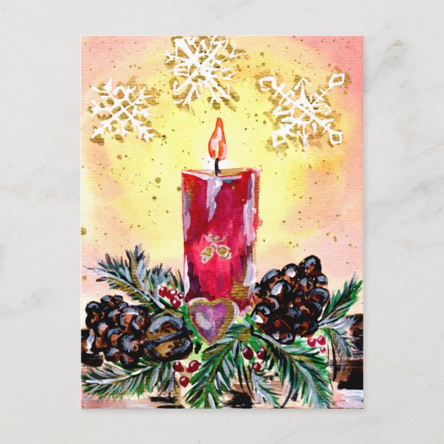 Carte Postale Bougie de Noël et flocons de neige (Devant)