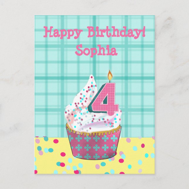 Carte Postale Bougie du 4e anniversaire | Pink Turquoise Foil Cu (Devant)