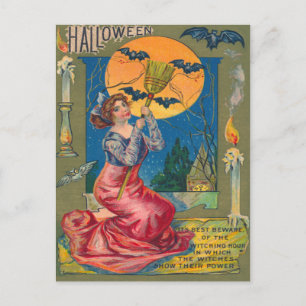 Carte Postale Bougie Pleine Lune Chauve-Souris Balai de Sorcière