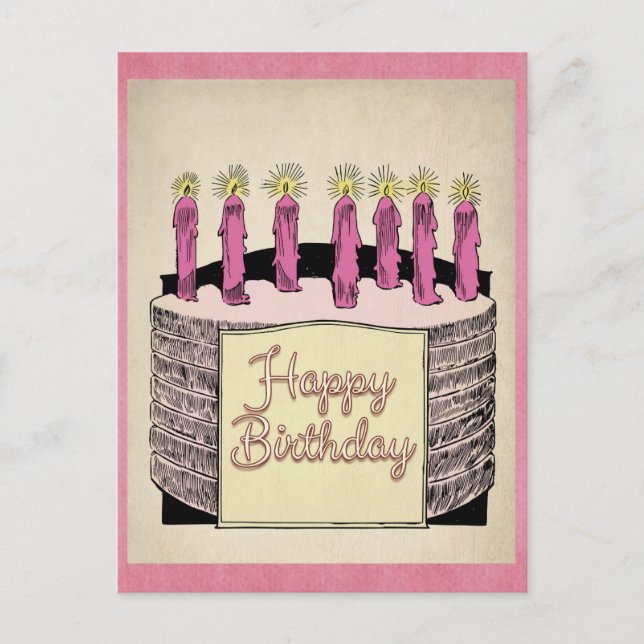 Carte Postale Bougies de gâteau d'anniversaire rose vintage mign (Devant)