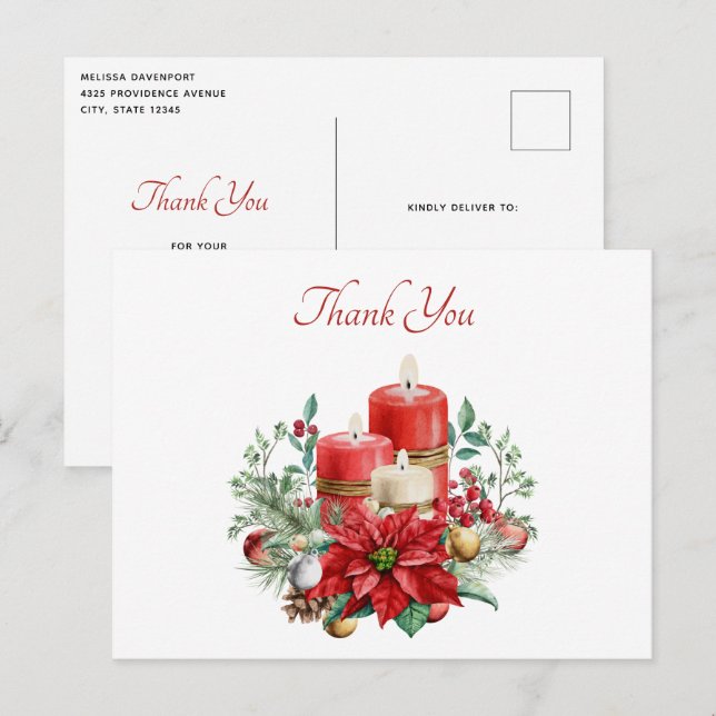 Carte Postale Bougies et bouquet de fleurs de Noël avec remercie (Devant / Derrière)