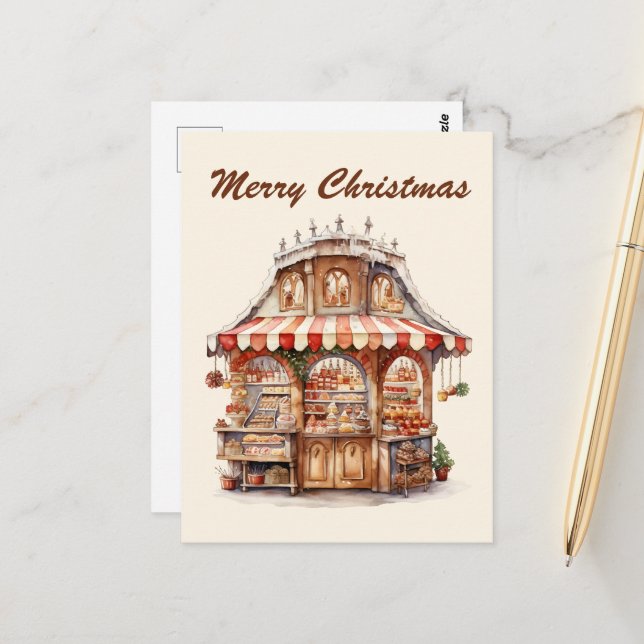 Carte Postale Boulangerie d'aquarelle de Noël ajouter du texte (Devant/Arrière en situation)