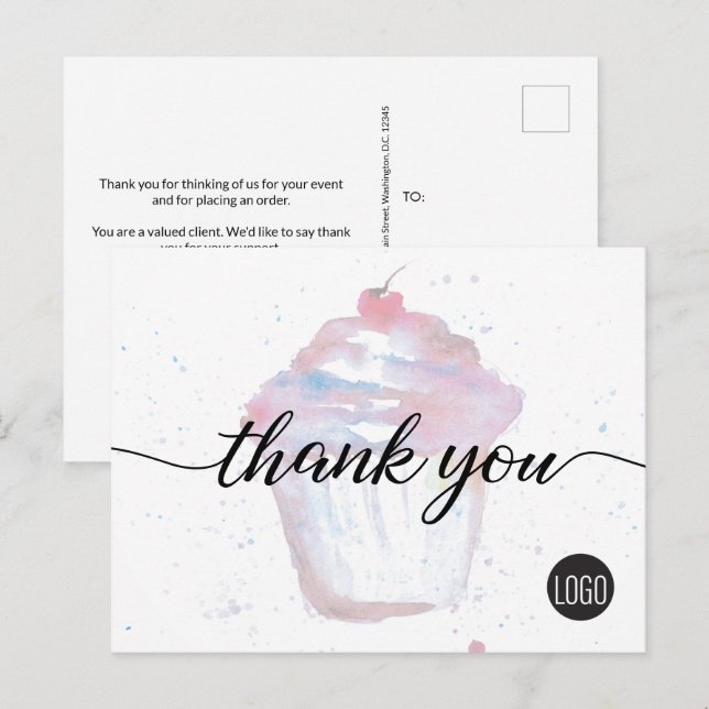 Carte Postale Boulangerie logo commercial Aquarelle Cupcake Cute (Devant / Derrière)